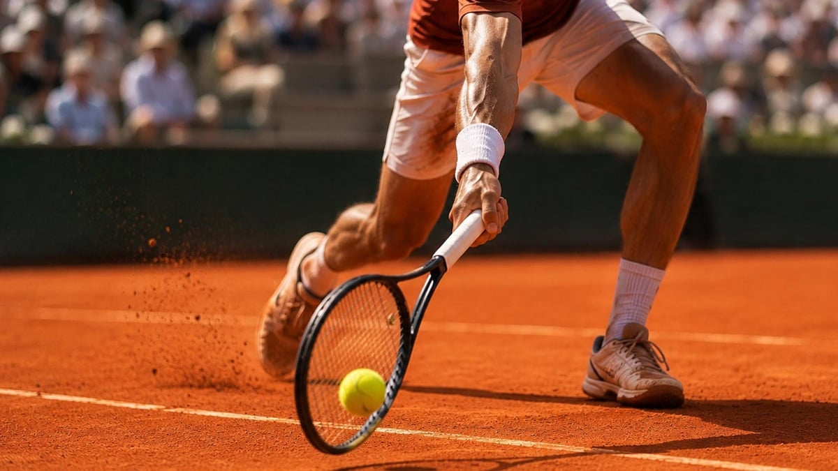 En tennisspelare i action på Franska öppna under en solig match.