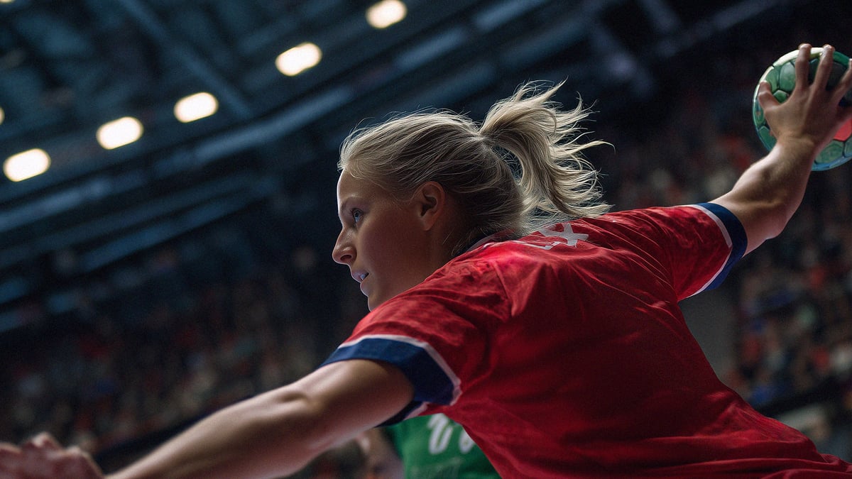 En handbollsspelare höjer bollen och siktar.