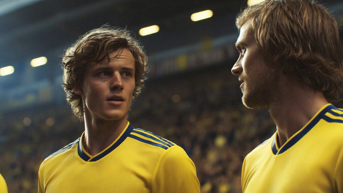 Två fotbollsspelare med svenska lagtröjor.