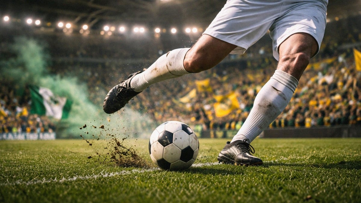 En fotbollsspelare sular iväg bollen. 