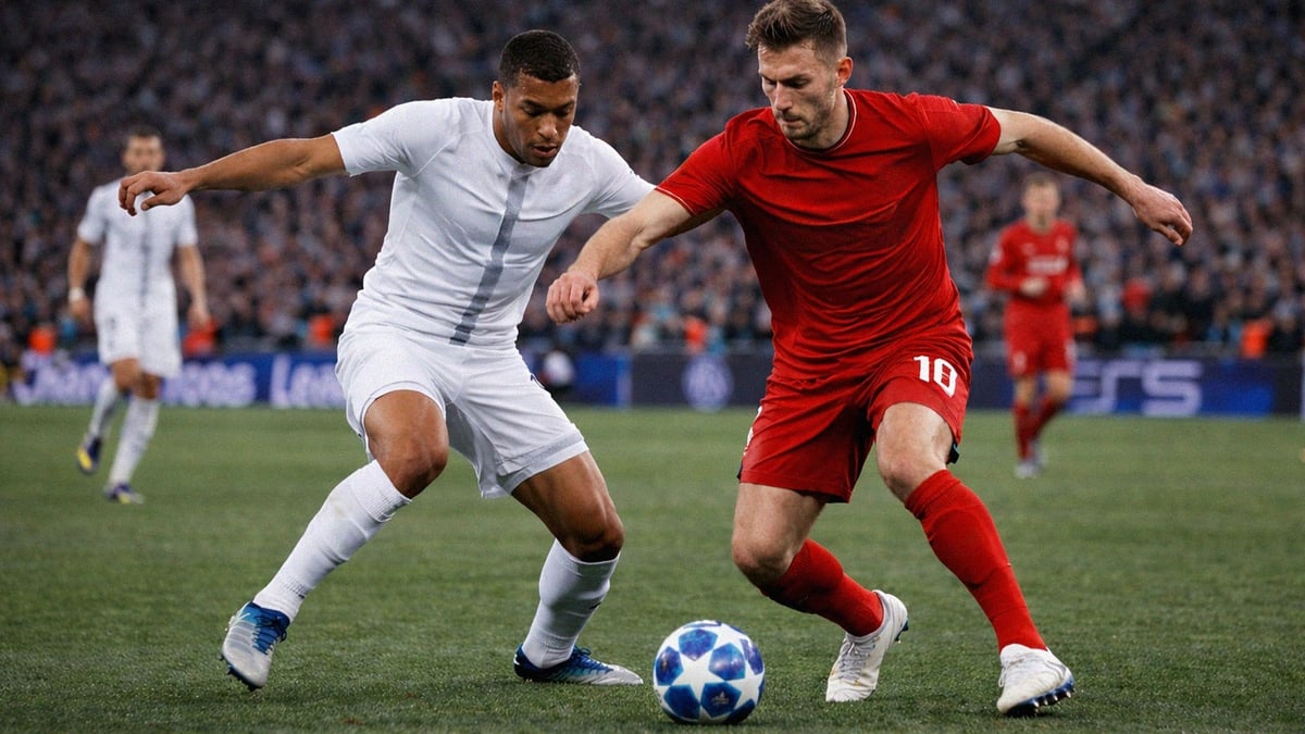 Två spelare gör upp om bollen i Champions League.