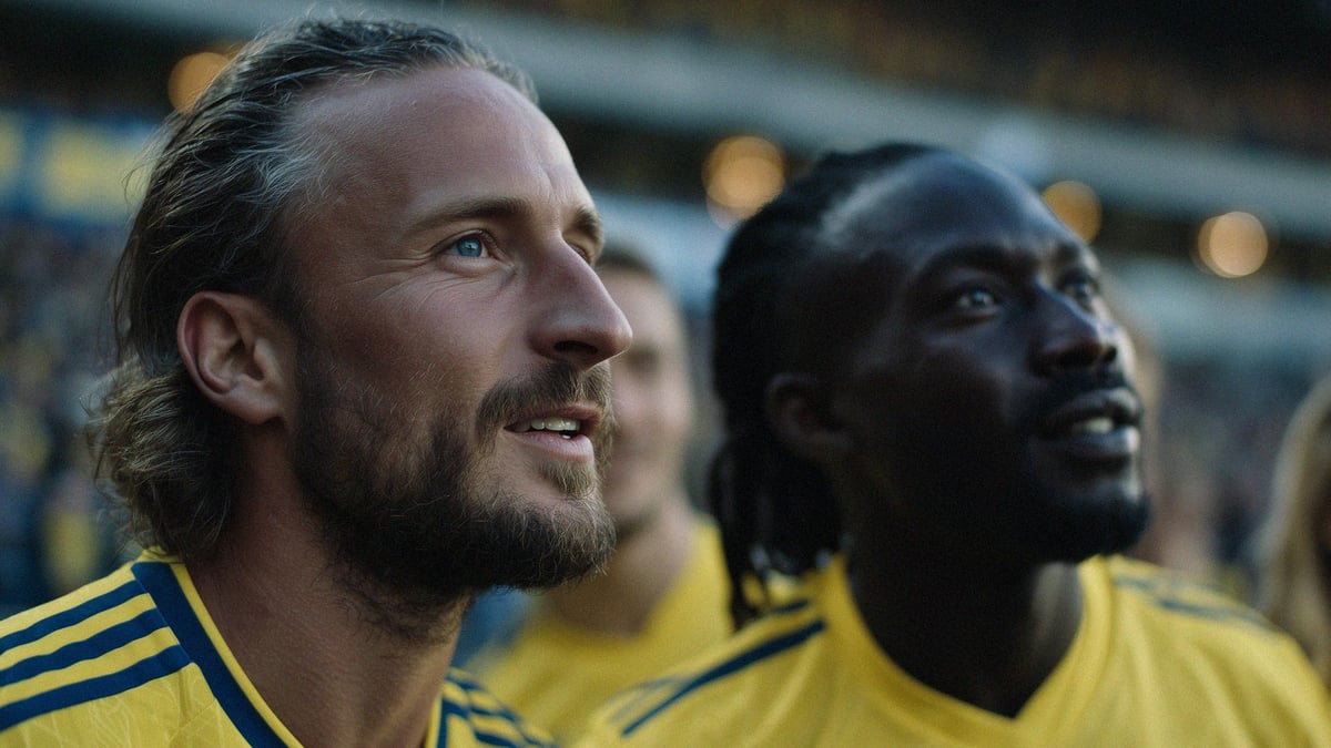 Två fotbollsspelare i svenska lagtröjor tittar på fotbolls-VM.