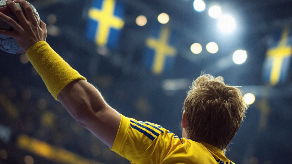 En svensk handbollsspelare håller upp bollen.