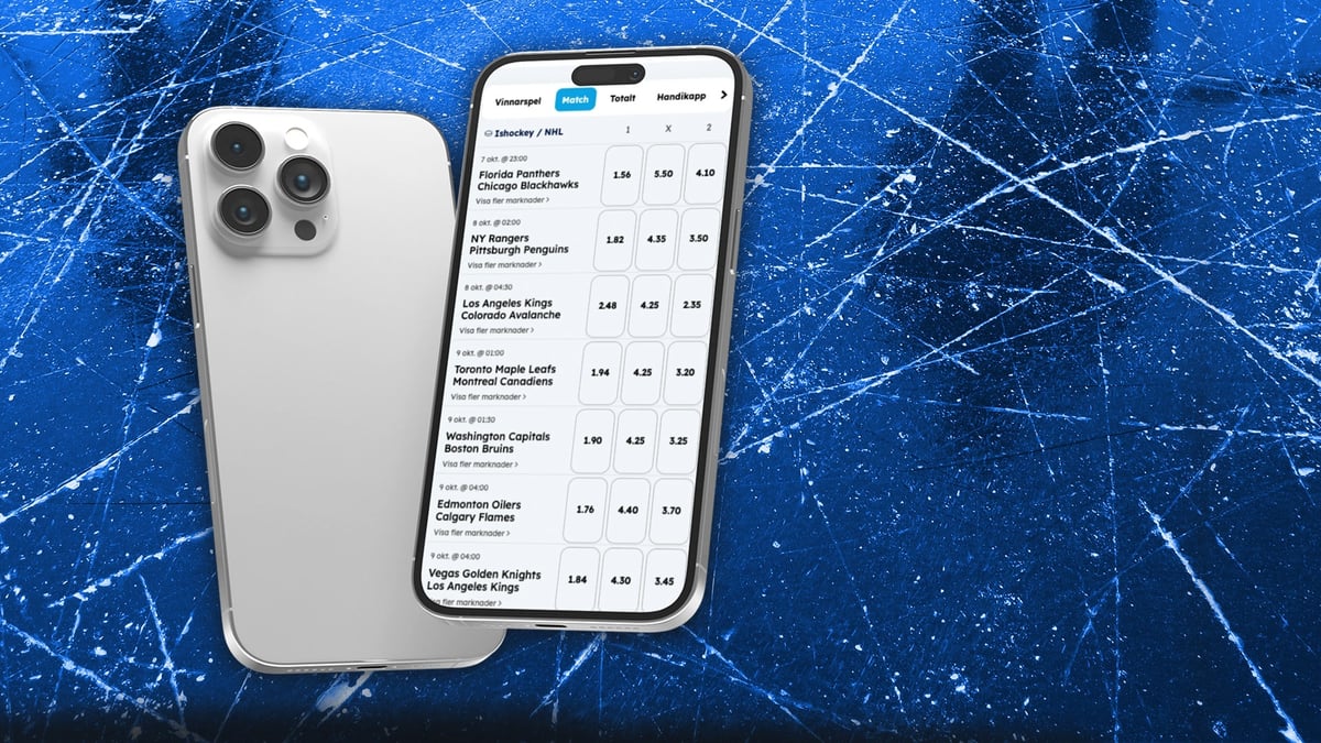 En telefon som demonstrerar 1X2 spelutbud på NHL 2025/26.