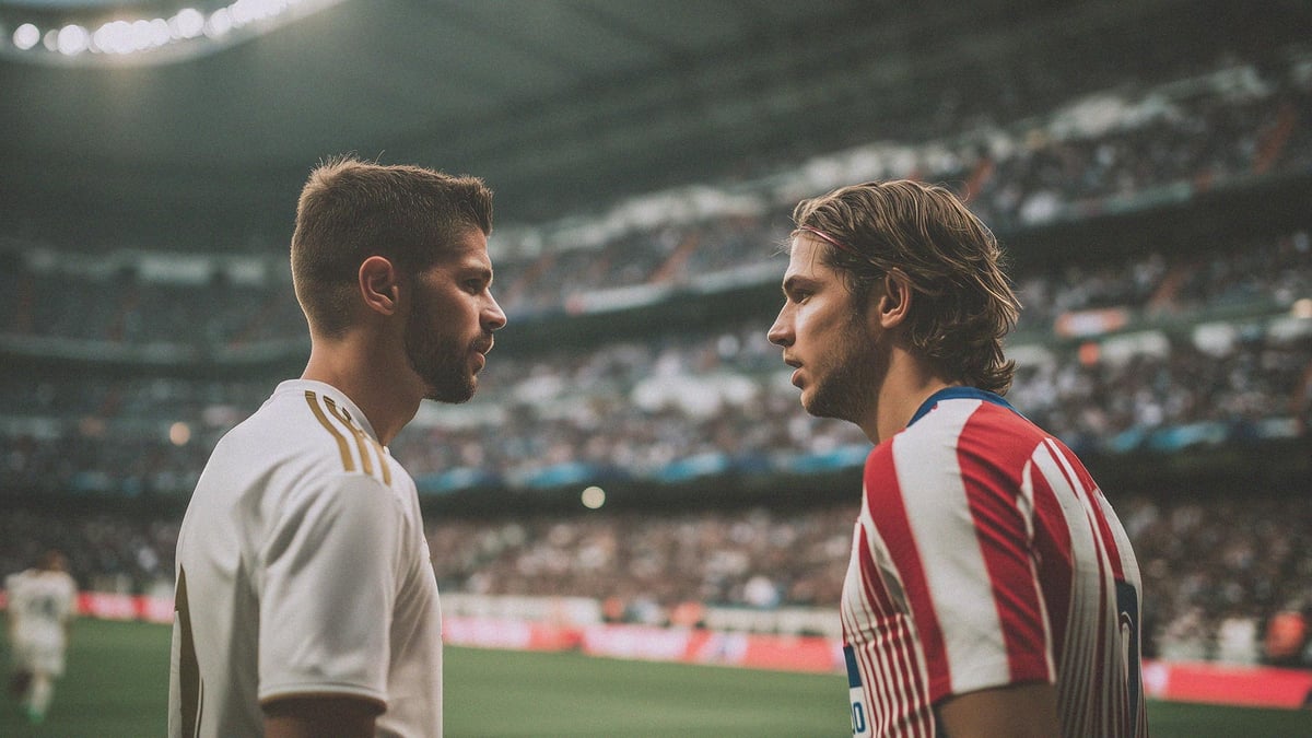 Två fotbollsspelare med Real Madrid och Atletico Madrid tröjor.