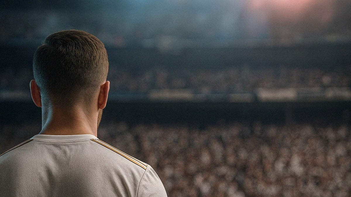 En fotbollsspelare står på planen och tittar på publiken.