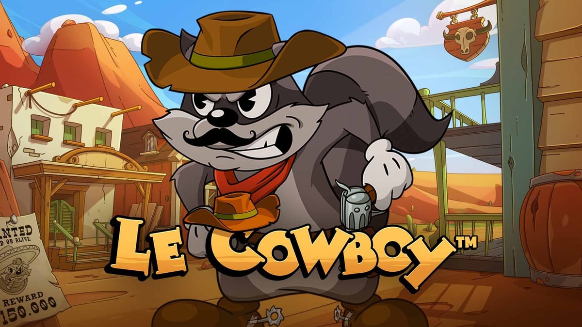 Tecknad cowboy-tvättbjörn med mustasch framför spel-logotypen "LE COWBOY".