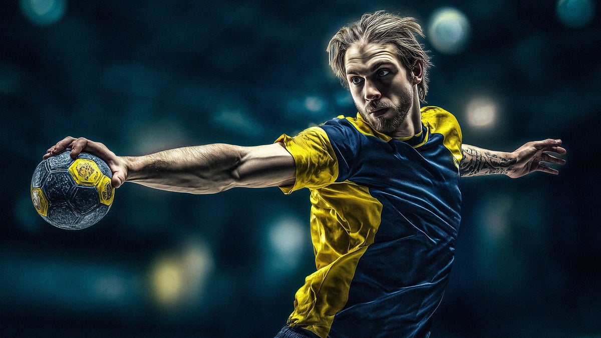 En handbollsspelare i en lagtröja med svenska färger. 