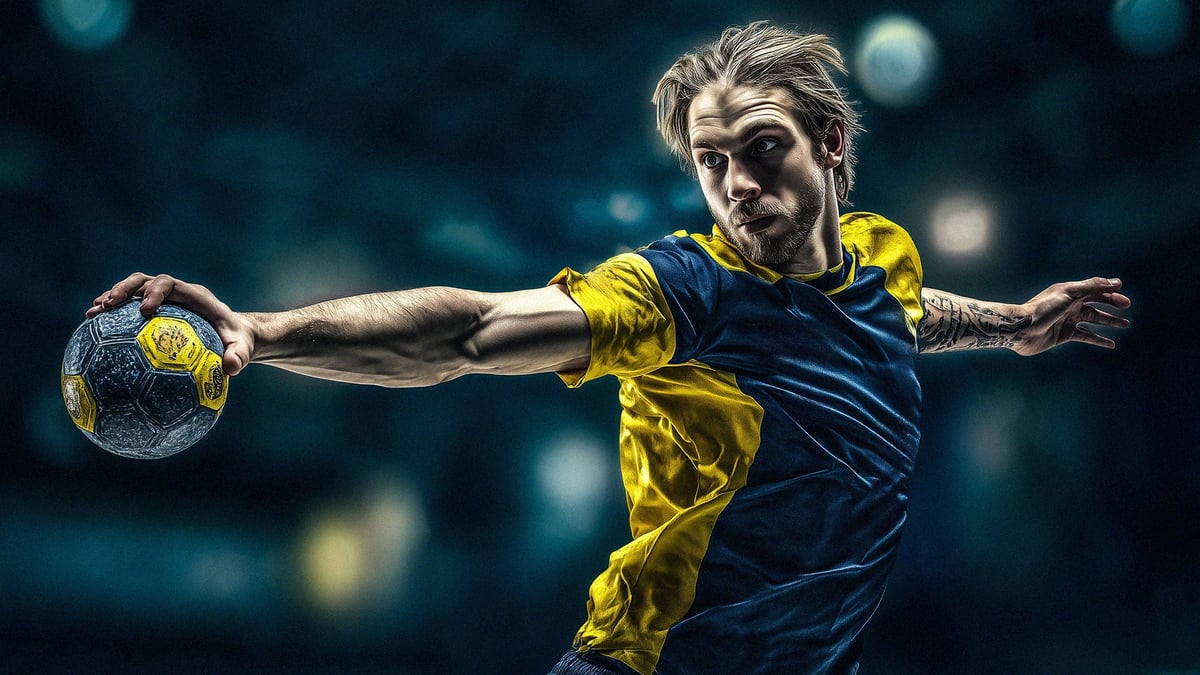 En handbollsspelare i en lagtröja med svenska färger.