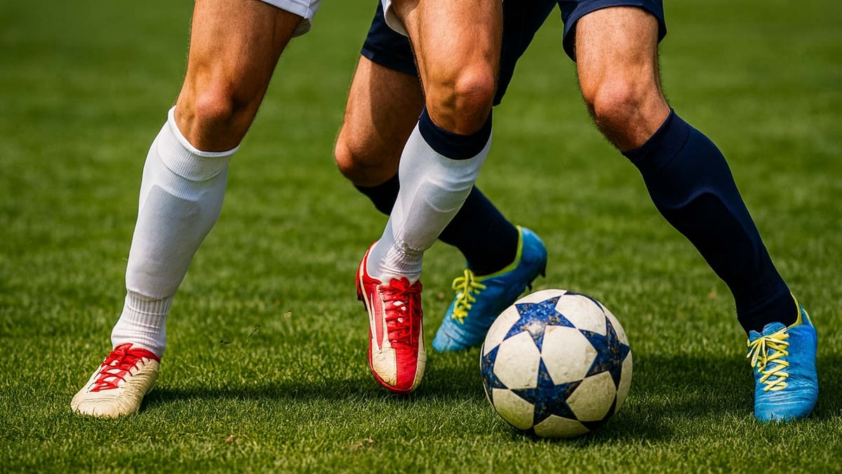 Två spelare tävlar om bollen i en närkamp.