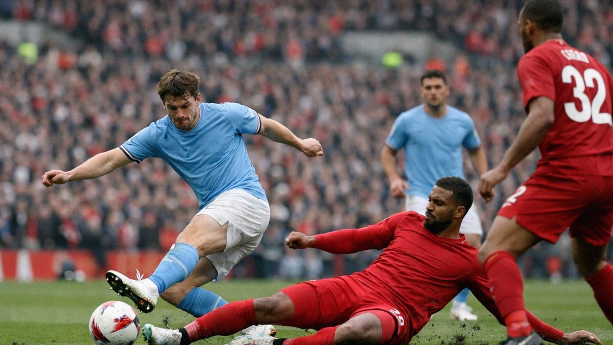 En intensiv kamp om bollen i en bild som föreställer en Man City mot Liverpool-match.