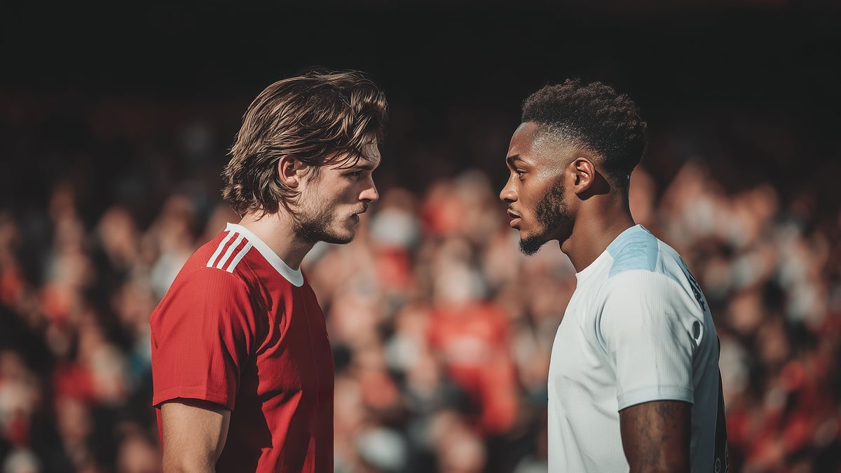 Två spelare tittar på varandra allvarligt under en fotbollsmatch. 