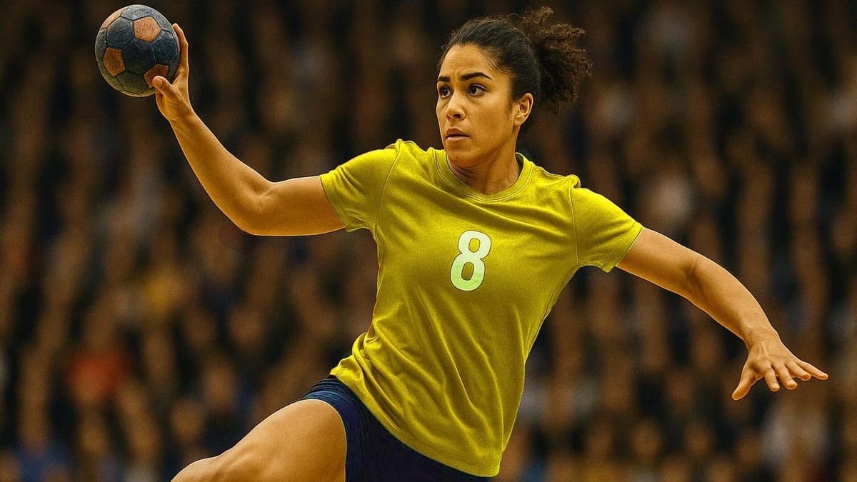 En kvinnlig handbollsspelare hoppar upp i luften för att kasta iväg en boll. 