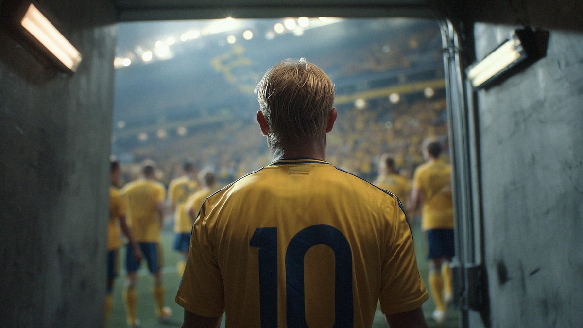 En svensk spelare kliver ut på en stor fotbollsmatch.