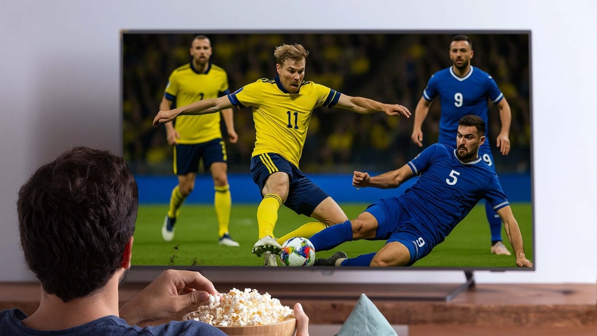 En person som kollar på Sverige - Kosovo på TV.