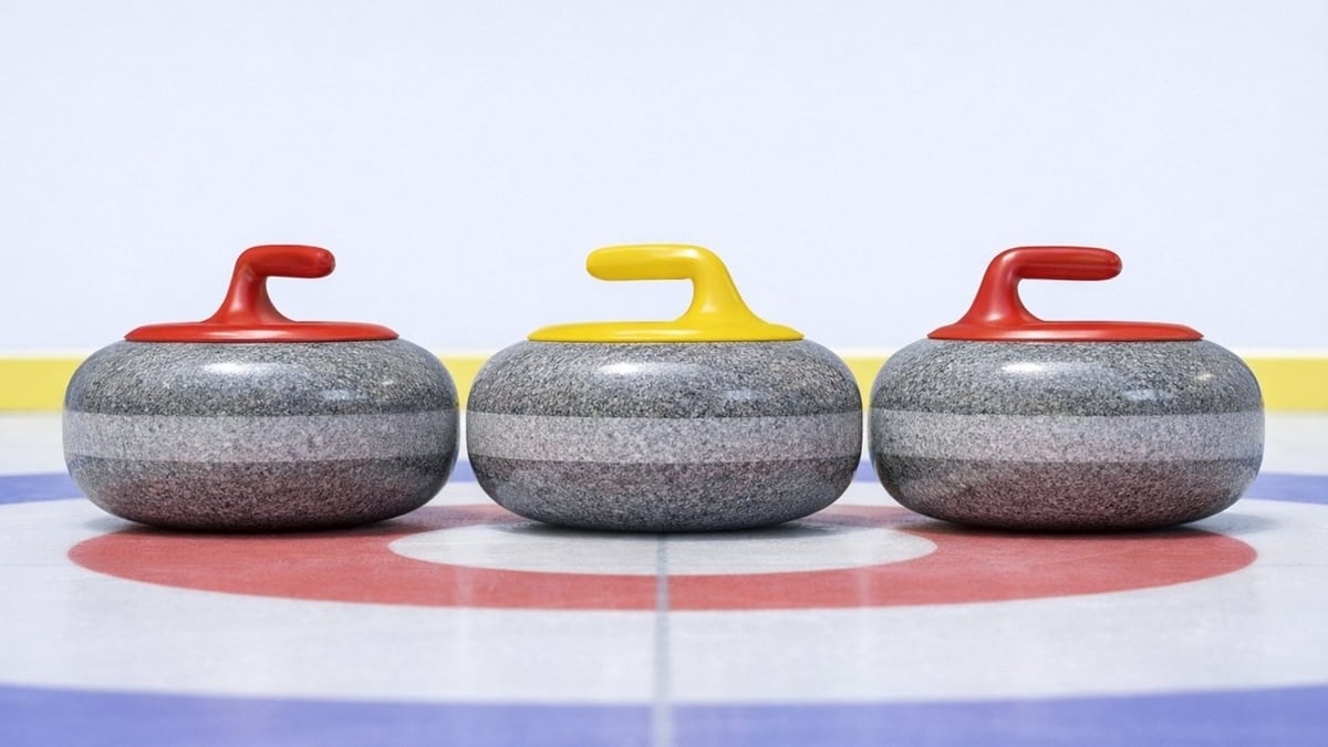 En närbild på två curlingstenar. 