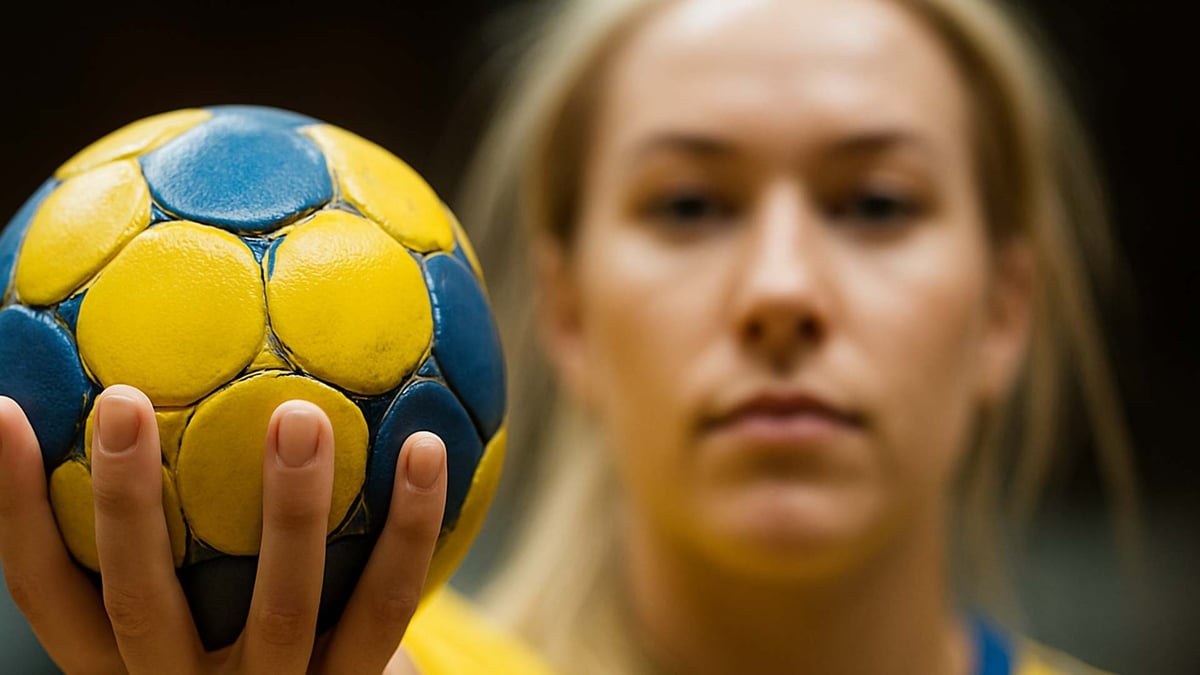 En svensk handbollsspelare lyfter upp en handboll mot kameran.
