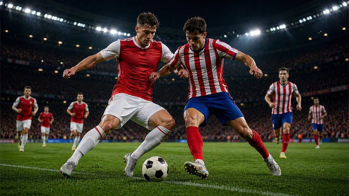 Två spelare tävlar om bollen i en Champions League-match