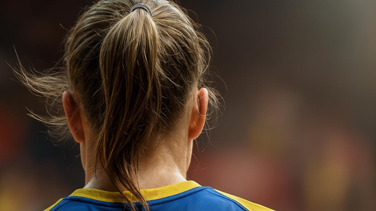 En dramatisk bild på en svensk handbollsspelare med ryggen vänd mot kameran. 