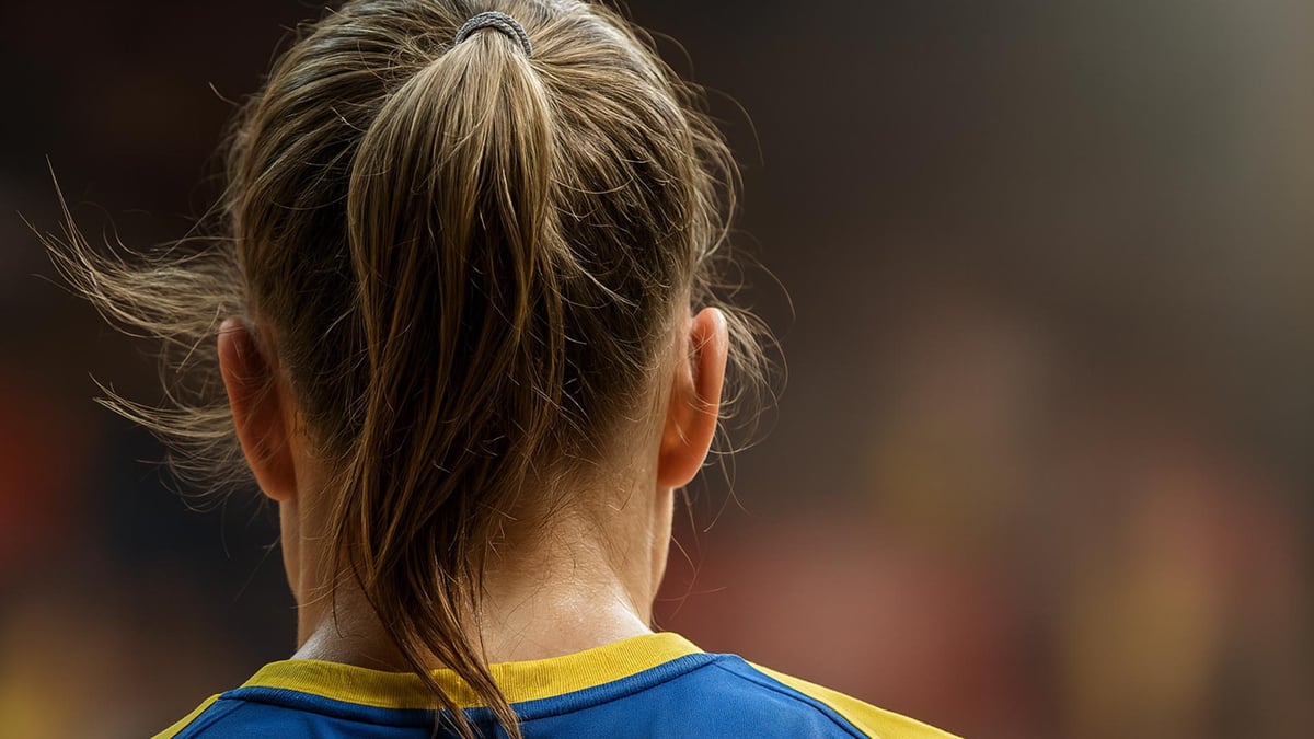 En dramatisk bild på en svensk handbollsspelare med ryggen vänd mot kameran.