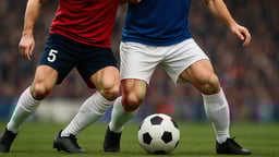 En bild på två spelare som tävlar om bollen.