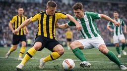 Två fotbollsspelare kämpar om bollen i ett toppmöte.