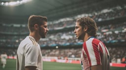 Två fotbollsspelare med Real Madrid och Atletico Madrid tröjor.