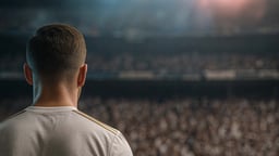 En fotbollsspelare står på planen och tittar på publiken.