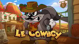Tecknad cowboy-tvättbjörn med mustasch framför spel-logotypen "LE COWBOY".