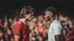 Två spelare tittar på varandra allvarligt under en fotbollsmatch. 