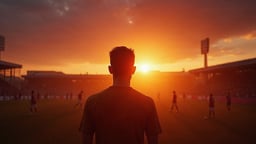 En spelare i Superettan som står på en fotbollsplan i solnedgången.