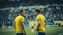 Två svenska fotbollsspelare under en stor match.