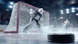 En puck på väg mot en ishockeymålvakt. 