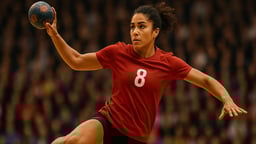 En kvinnlig handbollsspelare hoppar upp i luften för att kasta iväg en boll. 