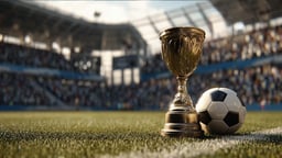 En guldpokal bredvid en fotboll